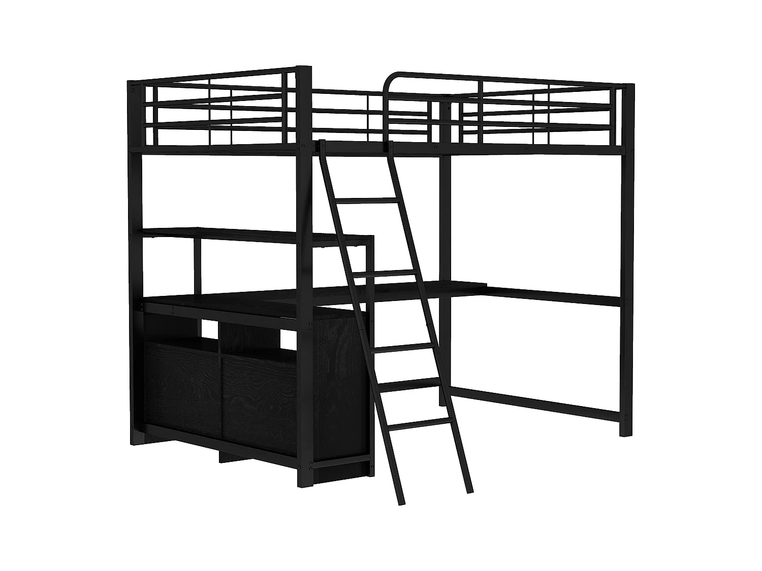 Lit mezzanine 140x200cm - bureau d'angle avec tiroirs - en MDF et métal - Noir