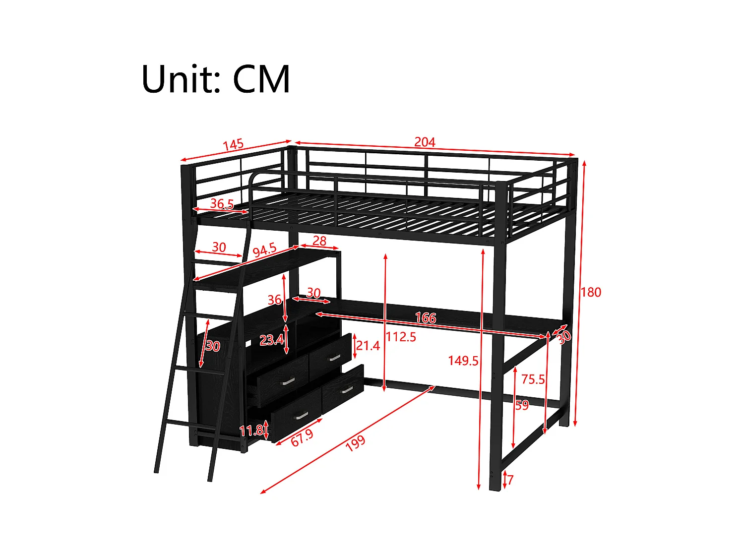 Lit mezzanine 140x200cm - bureau d'angle avec tiroirs - en MDF et métal - Noir