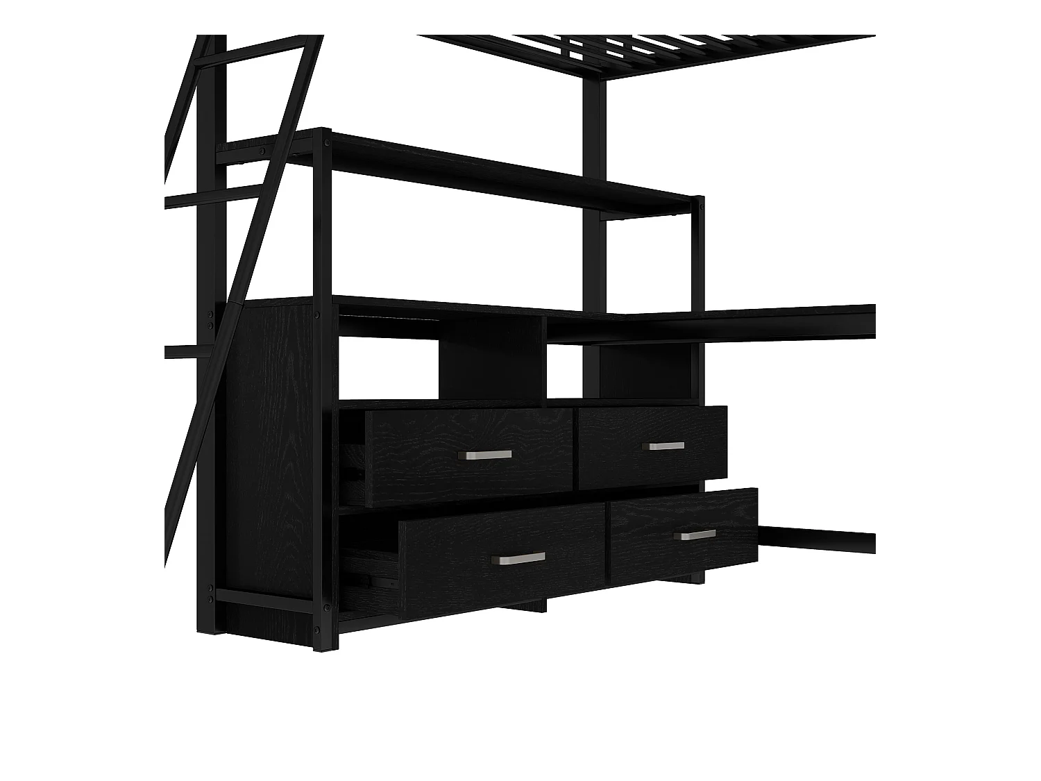 Lit mezzanine 140x200cm - bureau d'angle avec tiroirs - en MDF et métal - Noir