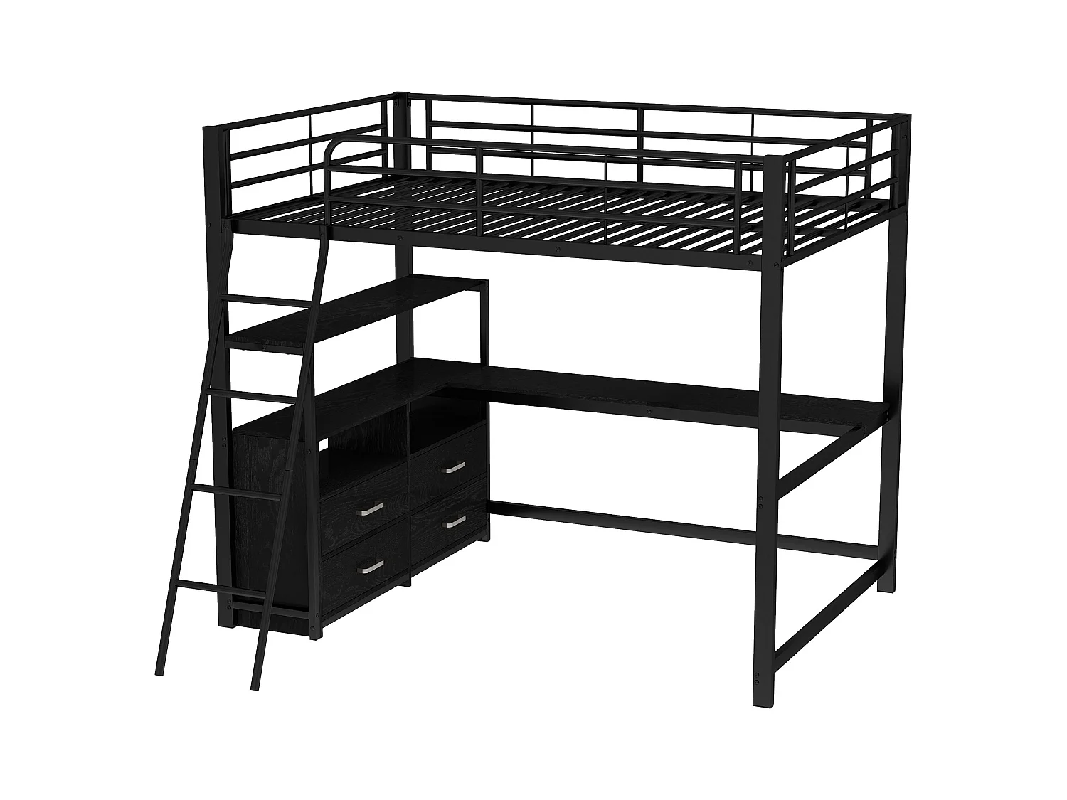 Lit mezzanine 140x200cm - bureau d'angle avec tiroirs - en MDF et métal - Noir
