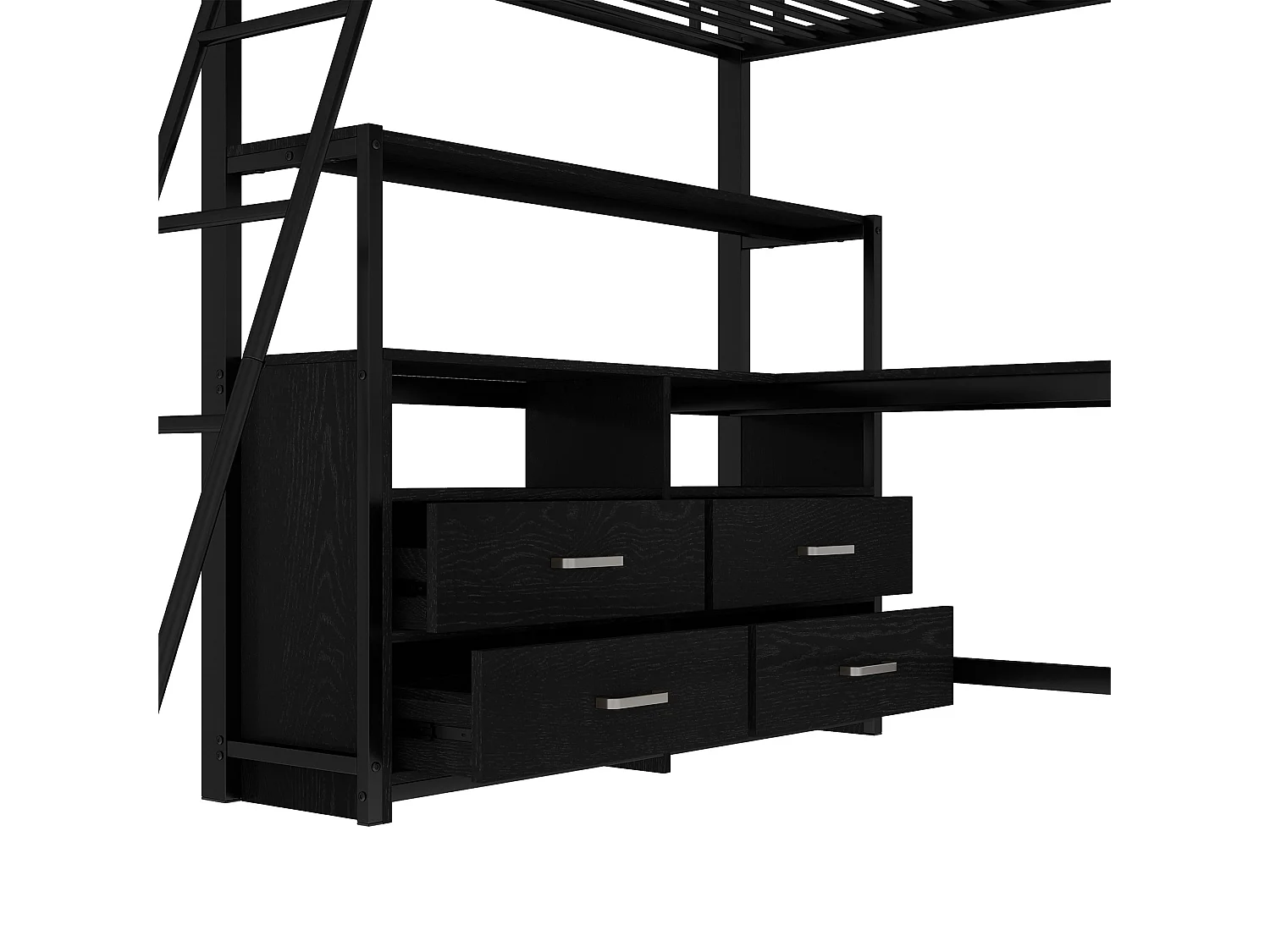 Lit mezzanine 140x200cm - bureau d'angle avec tiroirs - en MDF et métal - Noir