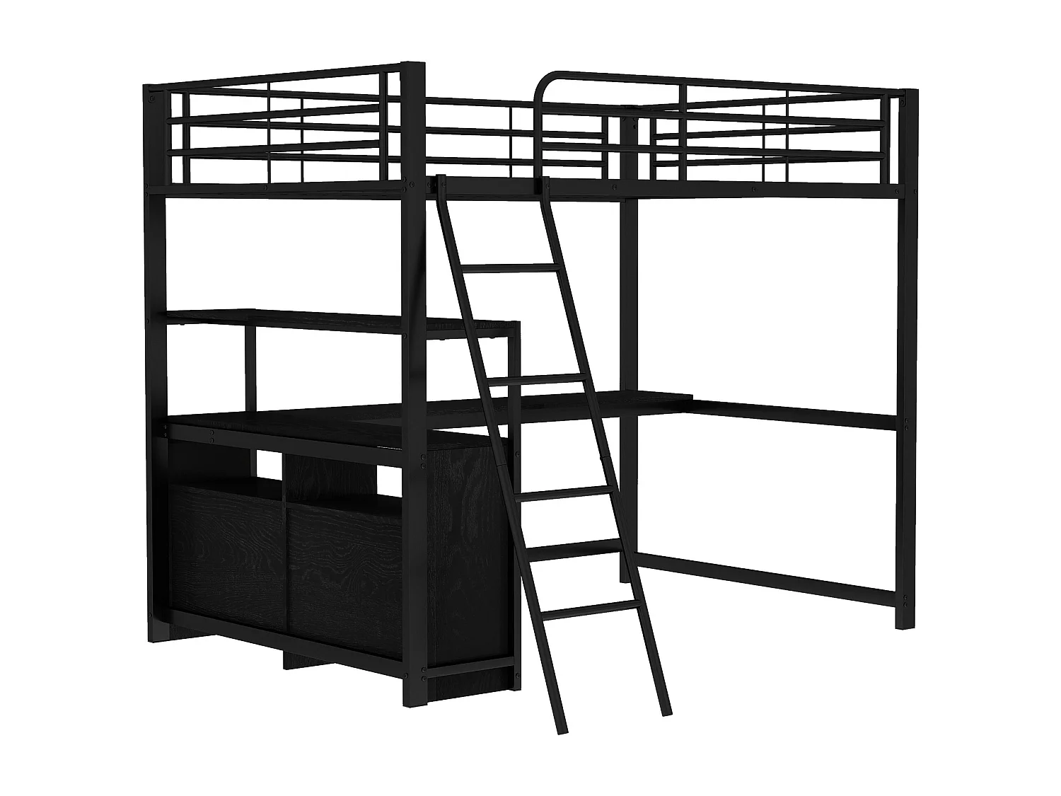 Lit mezzanine 140x200cm - bureau d'angle avec tiroirs - en MDF et métal - Noir