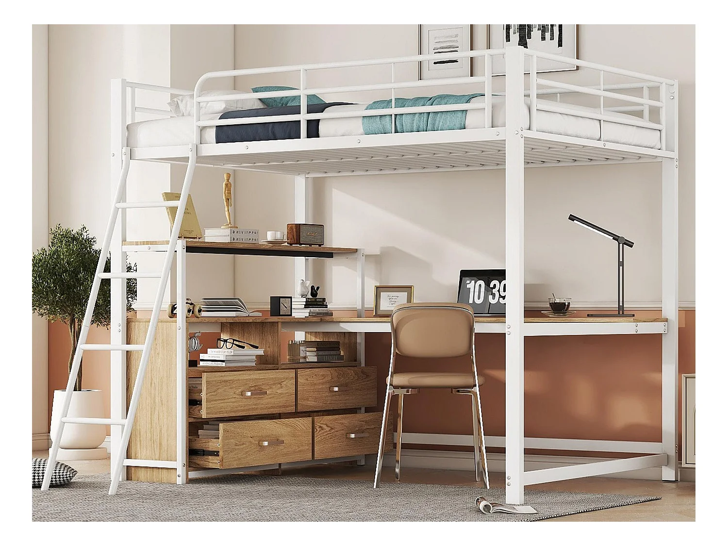 Lit mezzanine 140x200cm - bureau d'angle avec tiroirs - en MDF et métal - Blanc