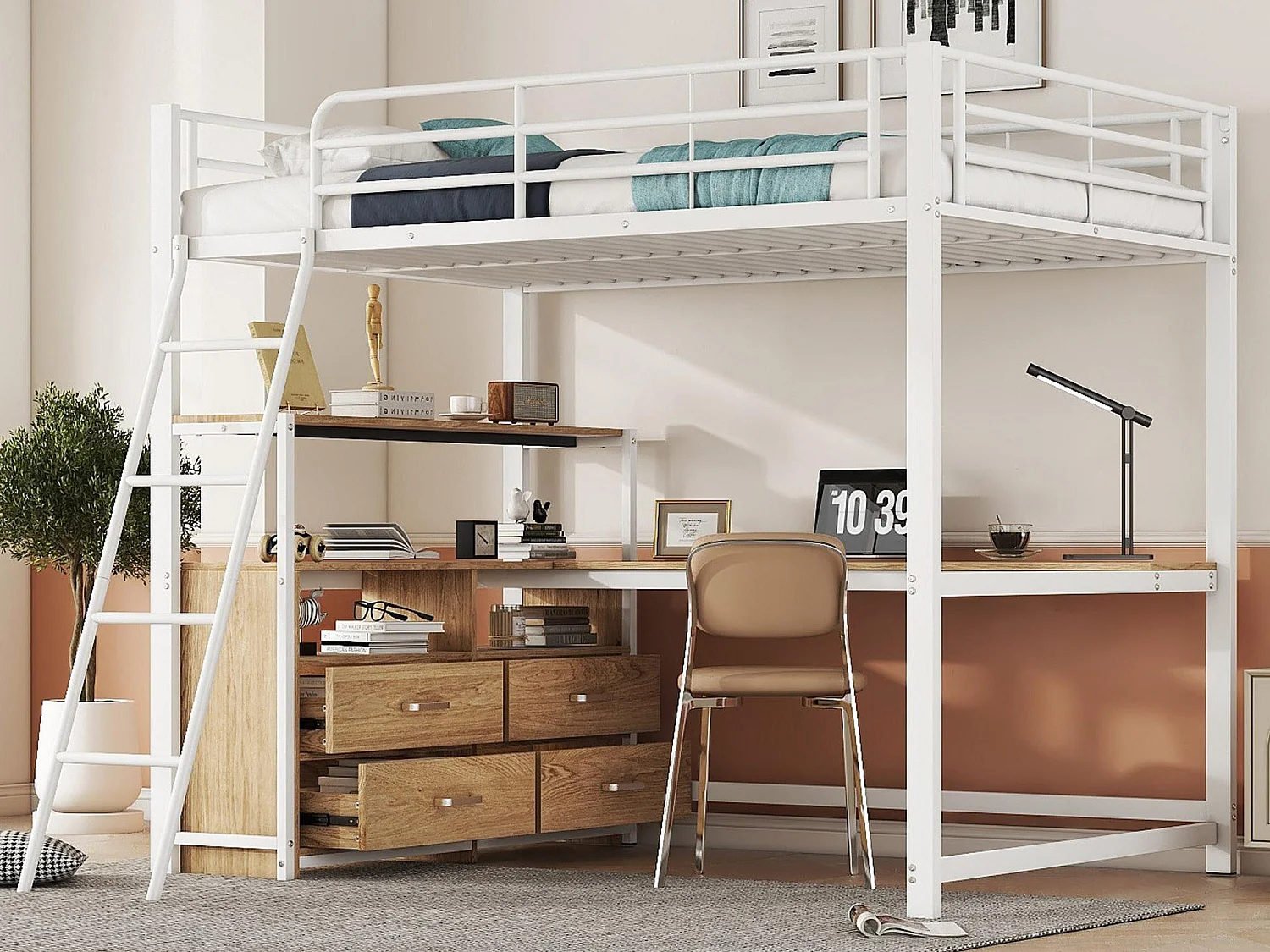 Lit mezzanine 140x200cm - bureau d'angle avec tiroirs - en MDF et métal - Blanc