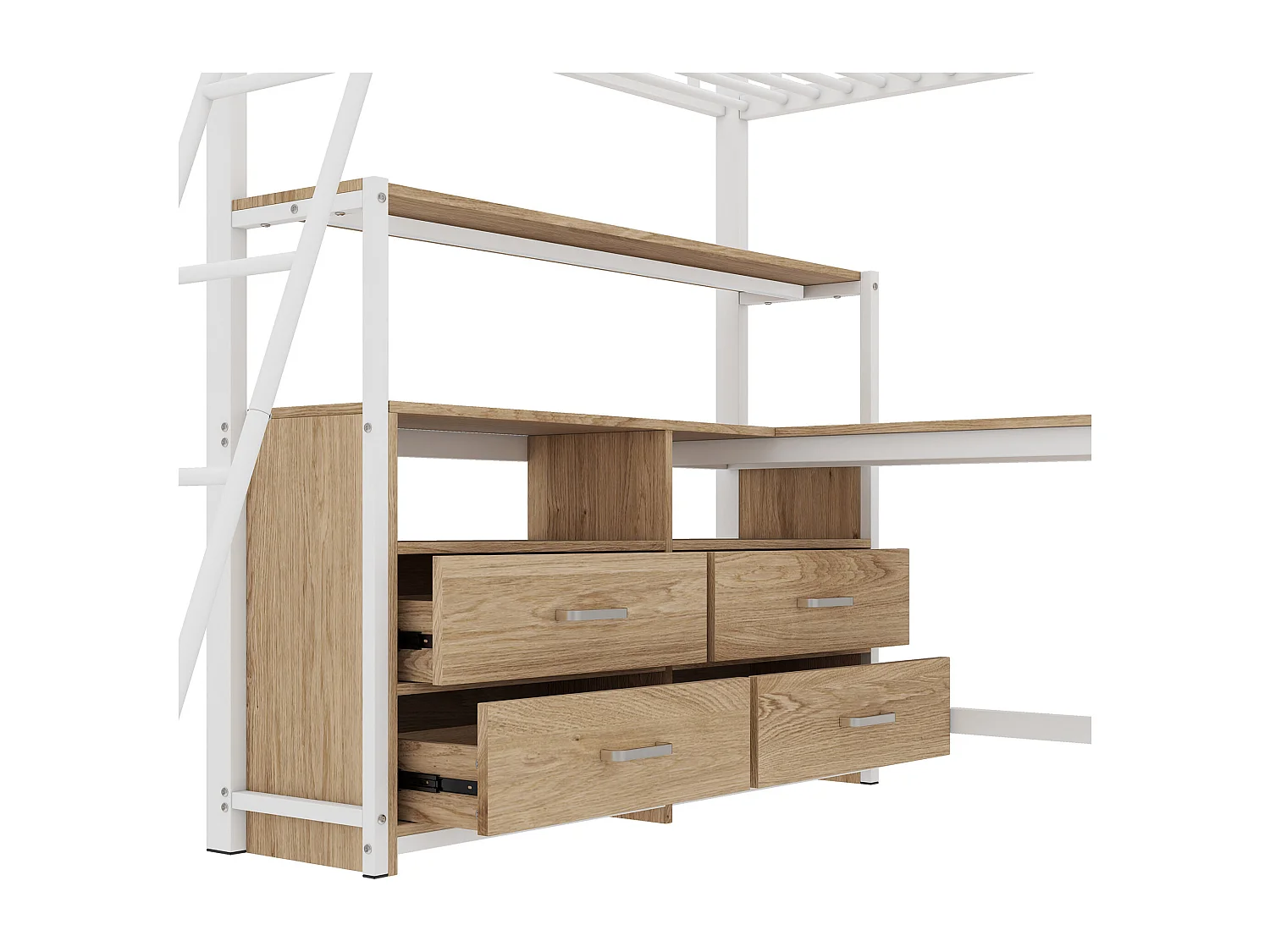 Lit mezzanine 140x200cm - bureau d'angle avec tiroirs - en MDF et métal - Blanc