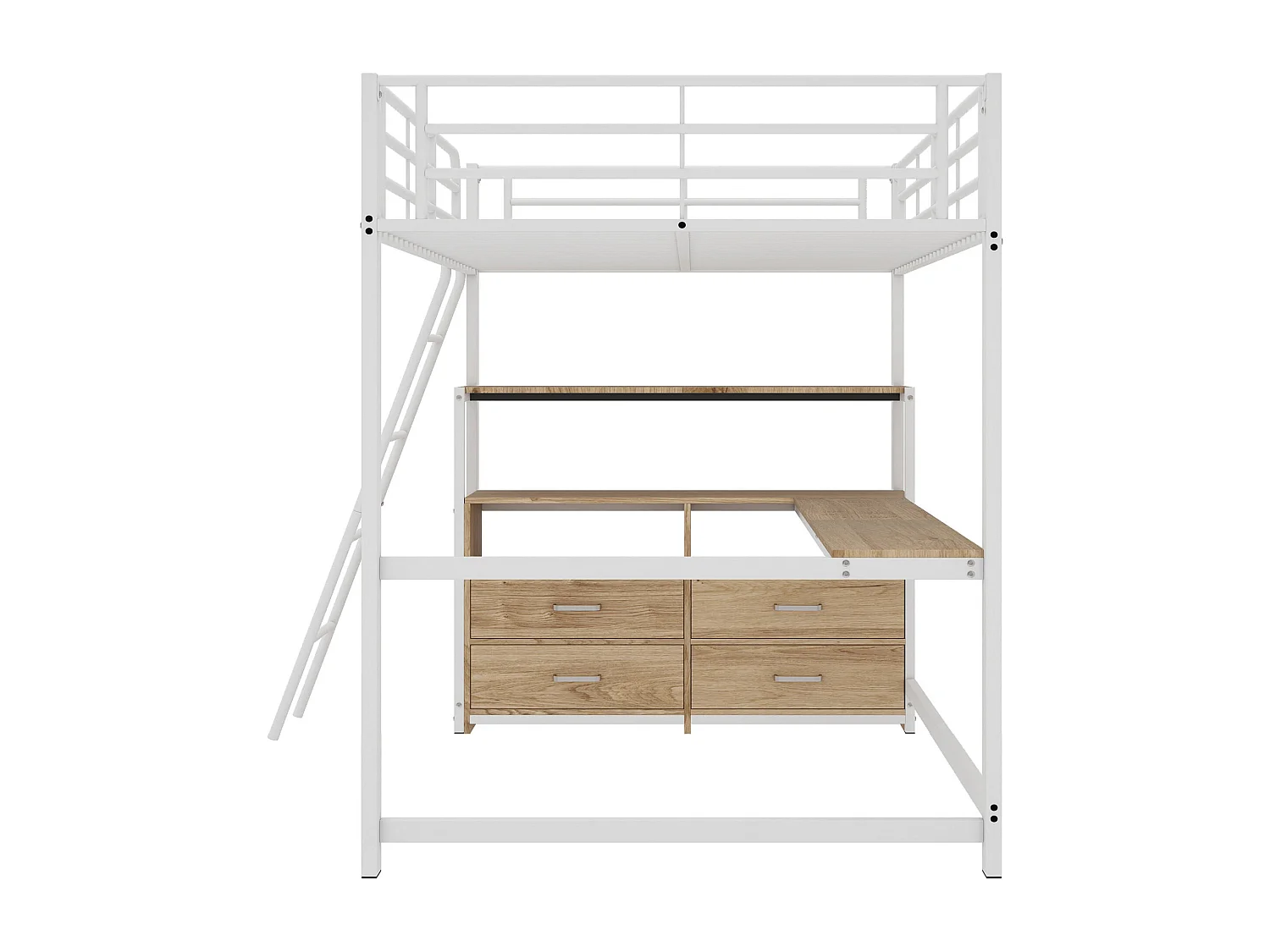 Lit mezzanine 140x200cm - bureau d'angle avec tiroirs - en MDF et métal - Blanc