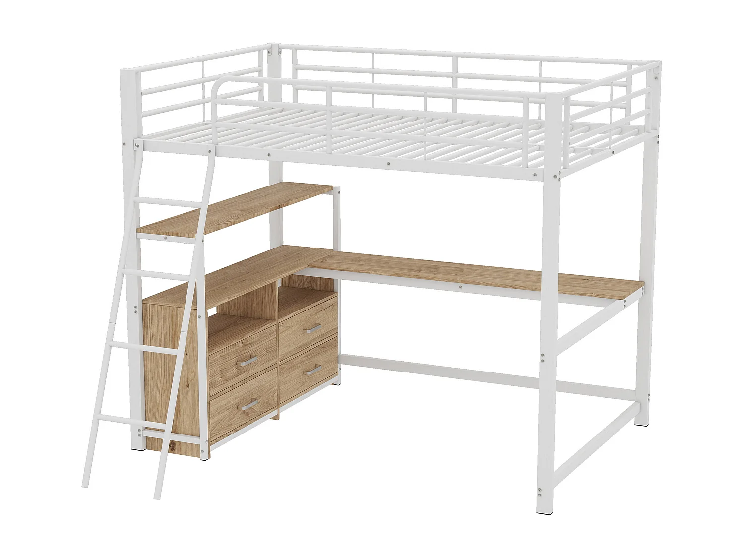 Lit mezzanine 140x200cm - bureau d'angle avec tiroirs - en MDF et métal - Blanc