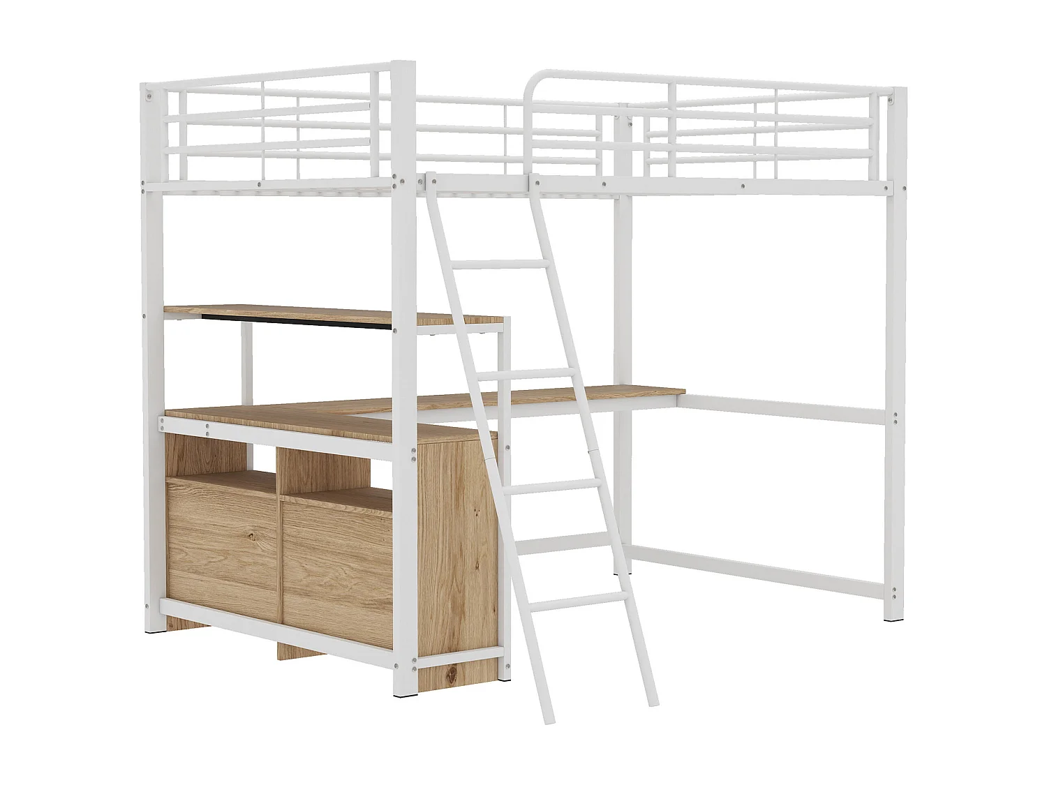 Lit mezzanine 140x200cm - bureau d'angle avec tiroirs - en MDF et métal - Blanc