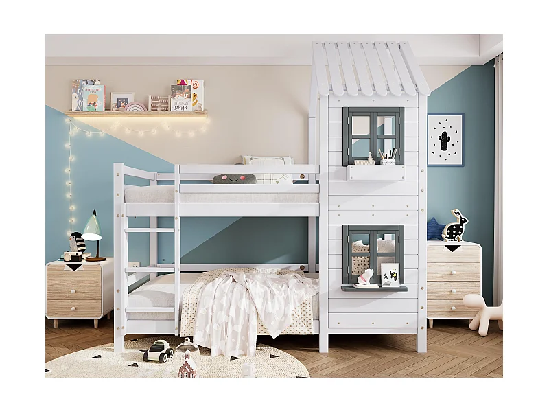 Litera 90x200 cm de madera maciza - con somier de láminas - Blanco y Gris