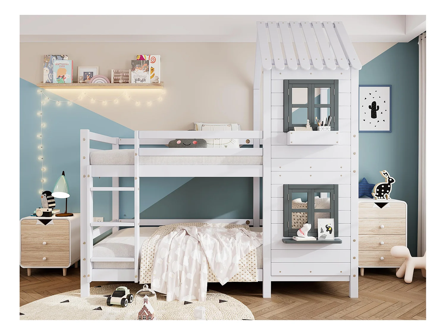 Etagenbett 90x200 cm aus Massivholz - mit Lattenrost - Weiß & Grau