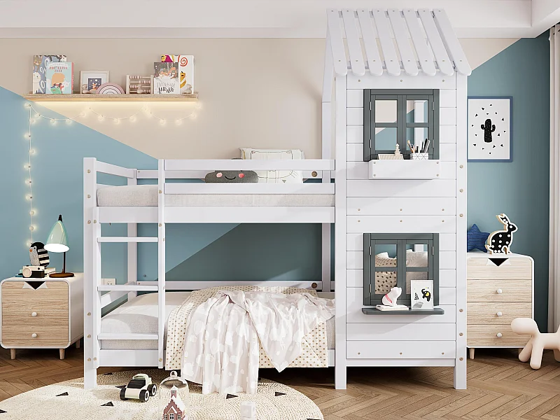 Stapelbed 90x200 cm in massief hout - met lattenbodem - Wit & Grijs