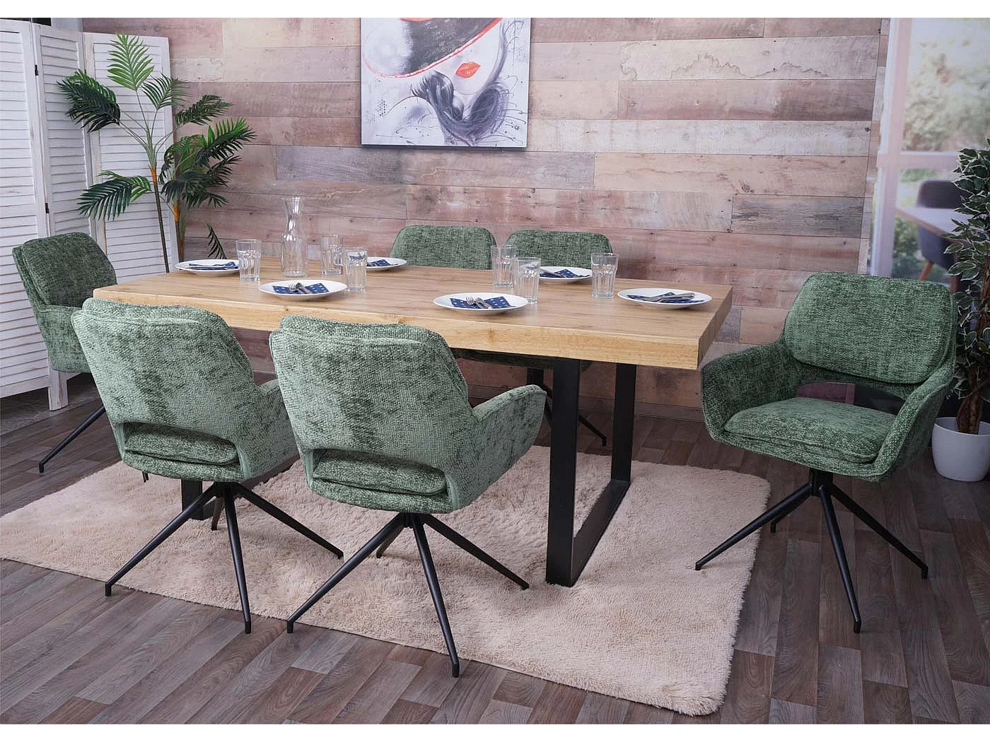 Set 2 sedie sala pranzo cucina MCW-N74 girevole posizionamento automatico, tessuto ciniglia (490g/m²) MVG ~ verde