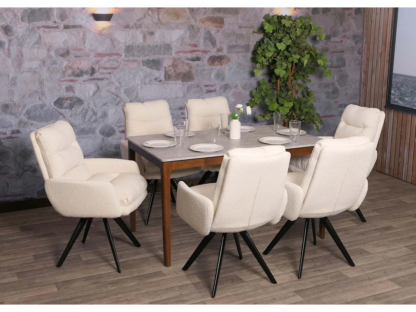 Eetkamerstoel MCW-G66 Bouclé,  crème wit, met armleuning