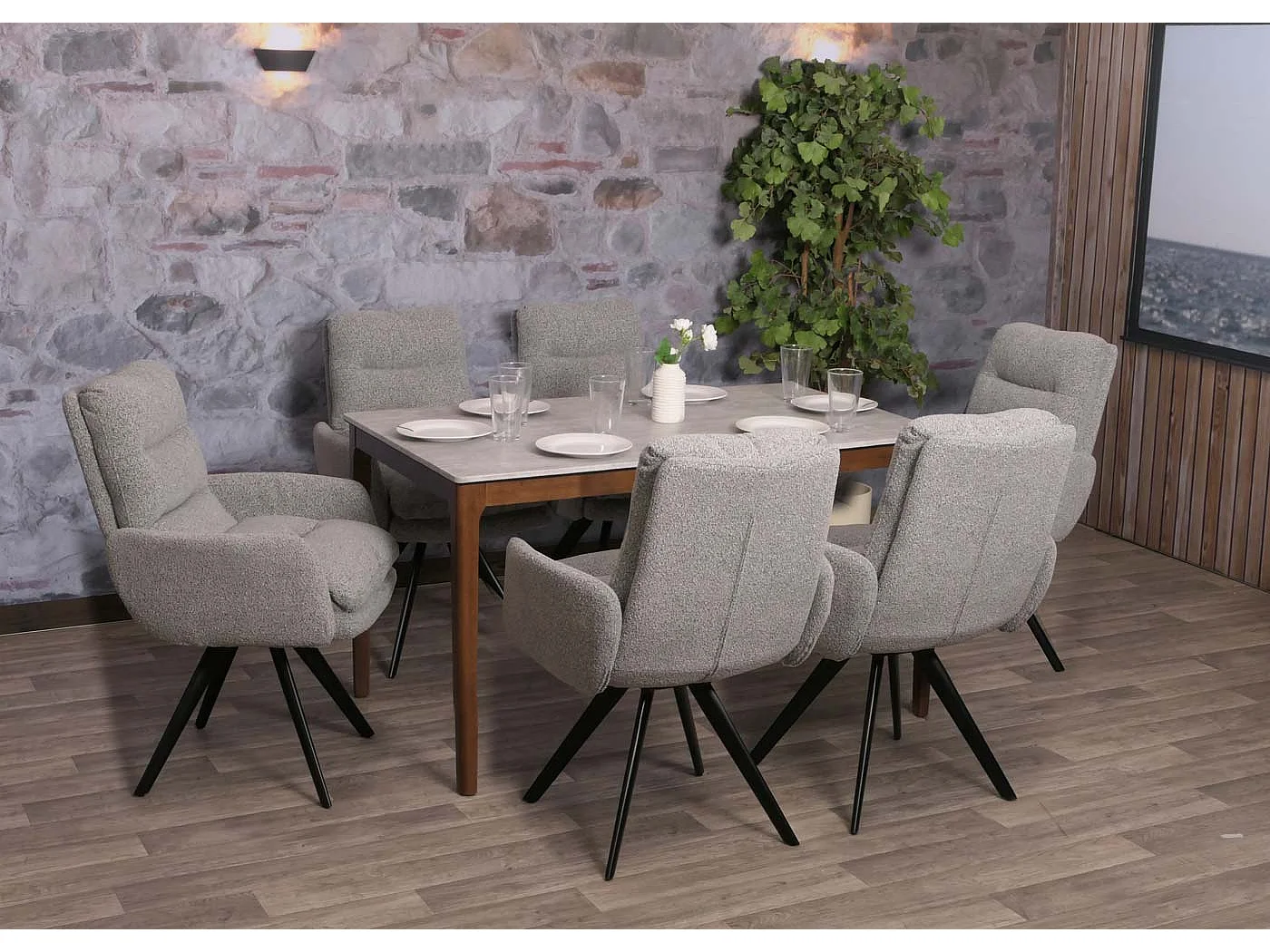 Silla de comedor MCW-G66 Bouclé,  gris claro, con reposabrazos