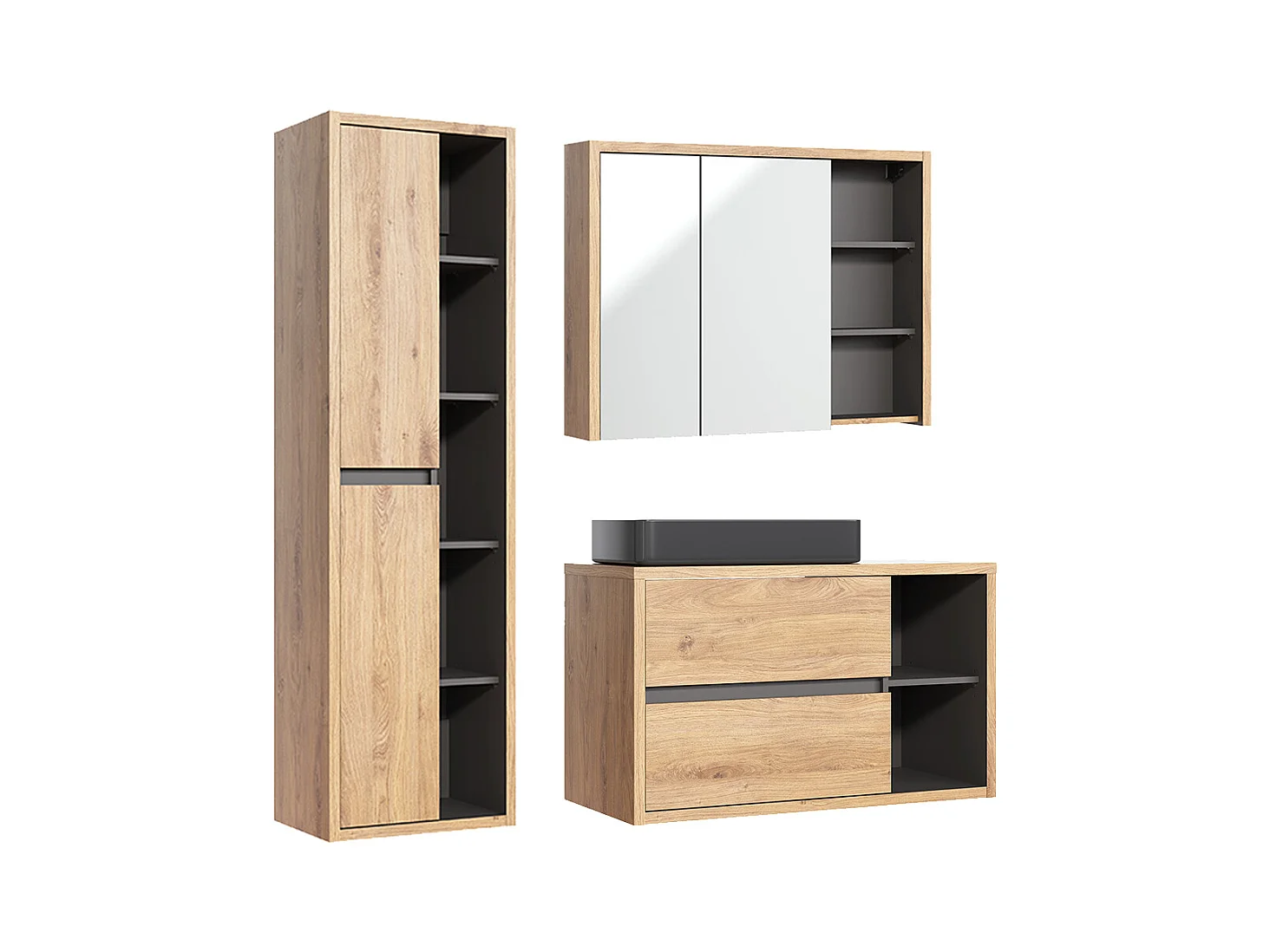Ensemble meuble simple vasque 100cm, colonne et armoire murale Rigel Bois et Anthracite