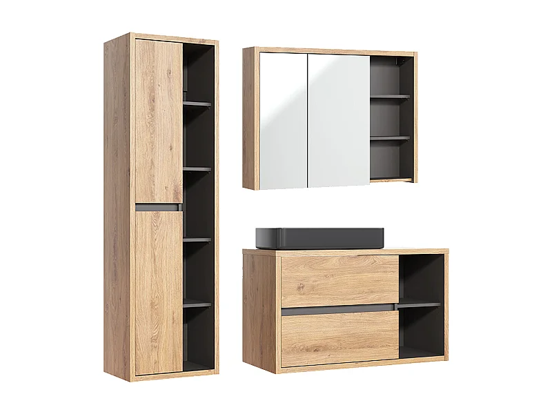Conjunto de muebles con lavabo individual 100cm, columna y armario de pared Rigel madera y antracita