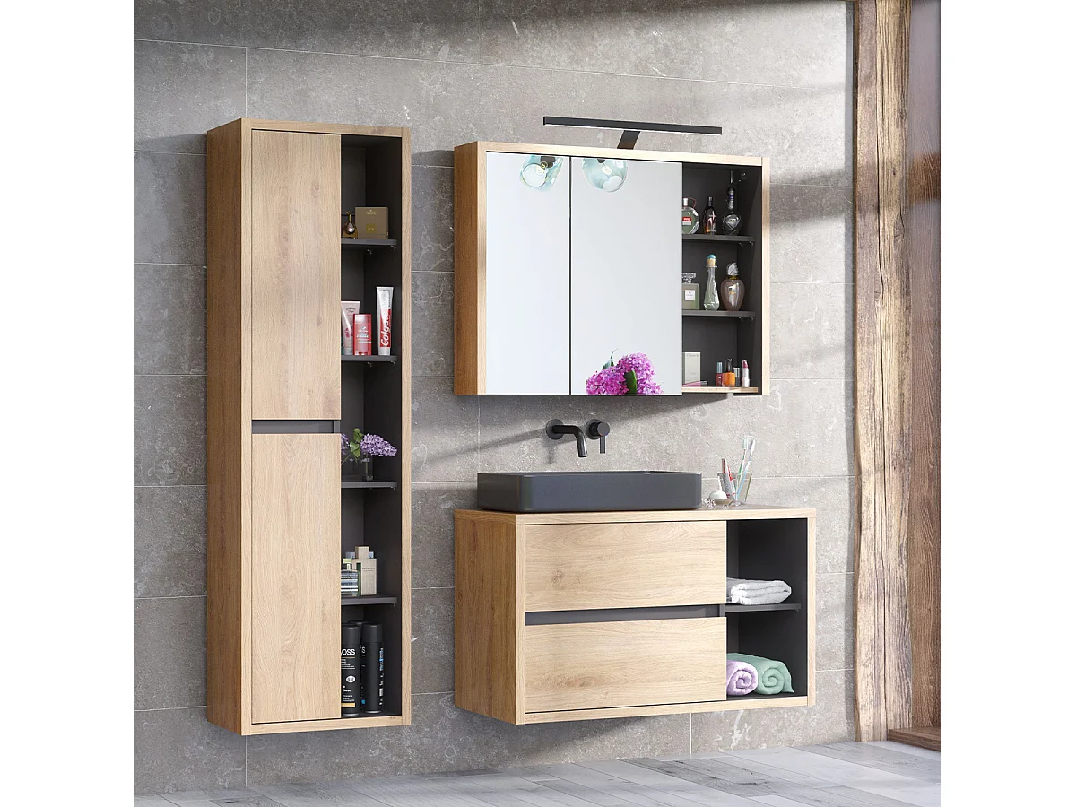 Ensemble meuble simple vasque 100cm et colonne Rigel Bois et Anthracite