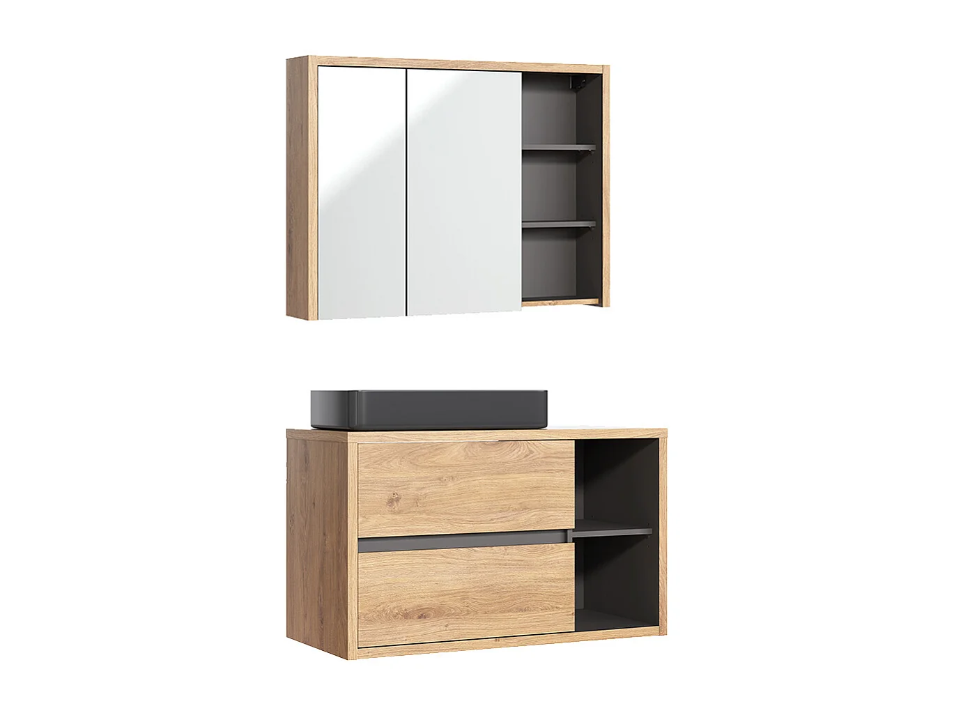 Ensemble meuble simple vasque 100cm et armoire murale Rigel Bois et Anthracite