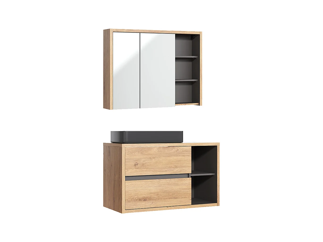 Ensemble meuble simple vasque 100cm et armoire murale Rigel Bois et Anthracite