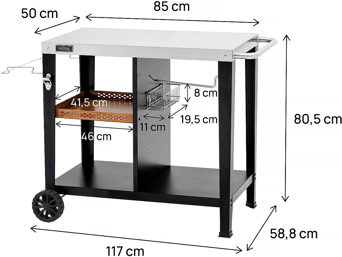 "Gelia" Metalen Barbecuekar met Plank en Wielen - 117 x 59 x 80 cm - Zwart