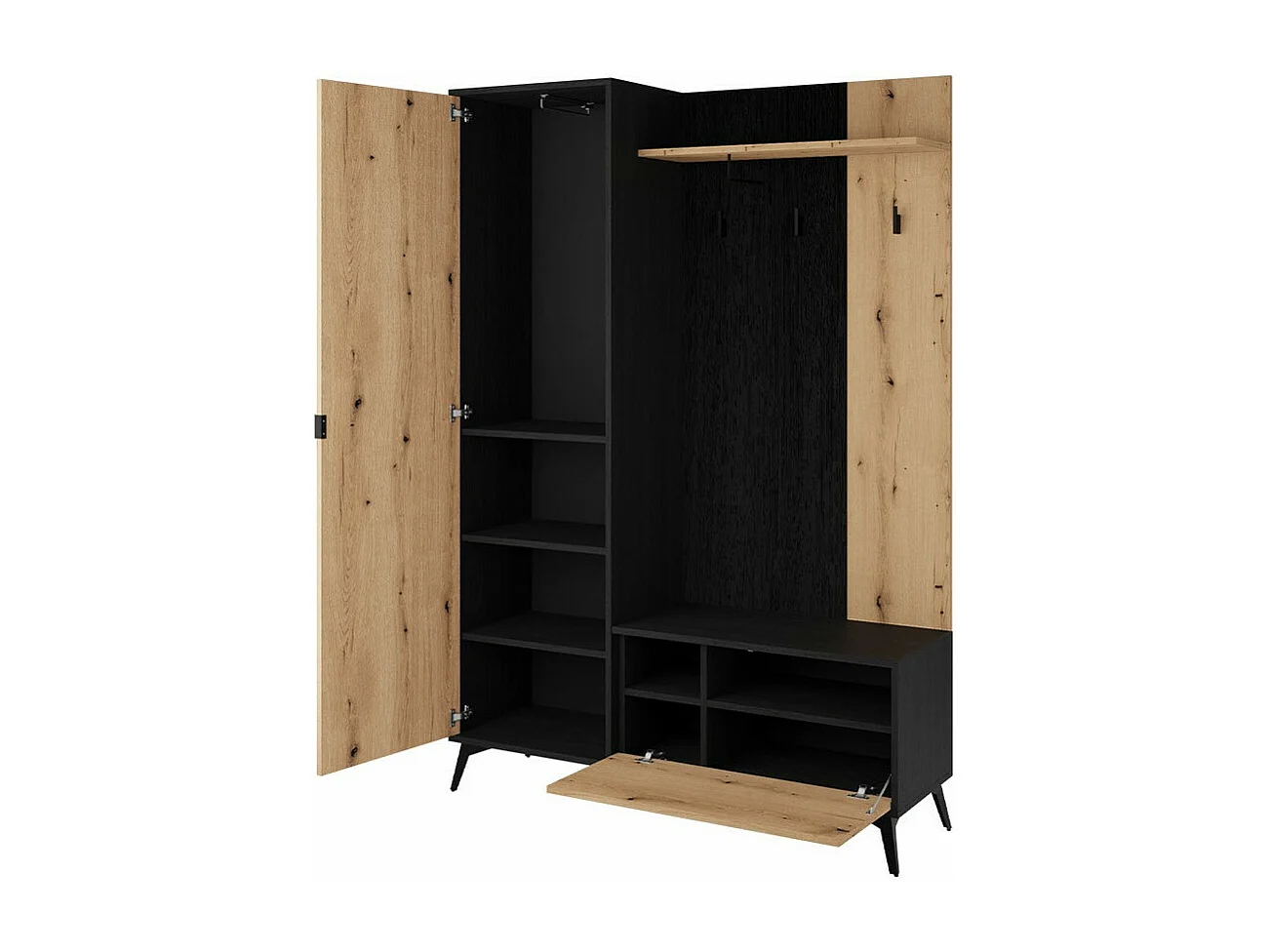 Set mobili da ingresso Lima K109, 197x134x39cm, Specchio, Nero|Rovere chiaro, Da terra