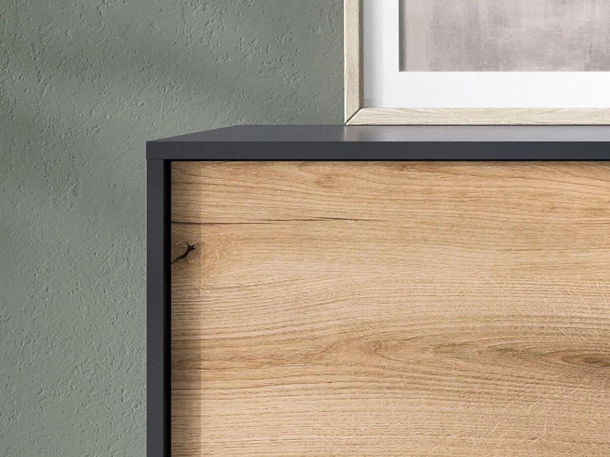 Set mobili da ingresso Lima K109, 197x134x39cm, Specchio, Nero|Rovere chiaro, Da terra