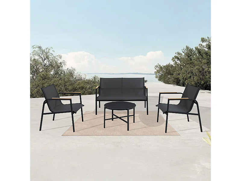 Salon de jardin en acier et textilène - Ensemble 4 places - Noir - CAMILLE