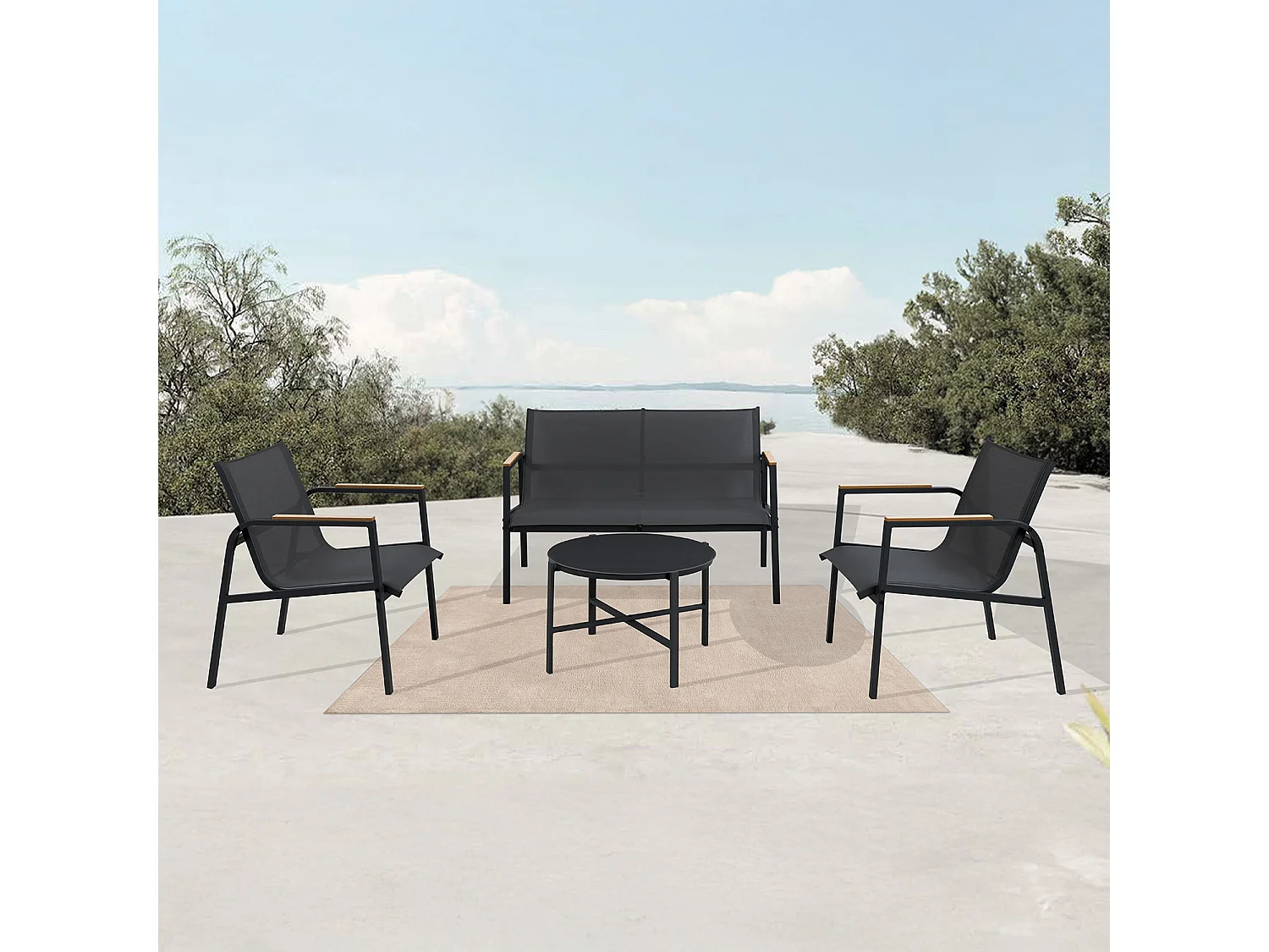 Salon de jardin en acier et textilène - Ensemble 4 places - Noir - CAMILLE
