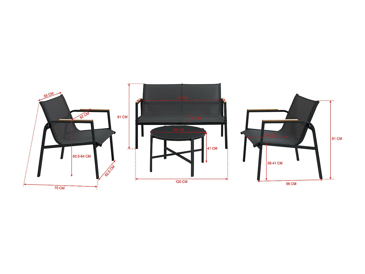 Salon de jardin en acier et textilène - Ensemble 4 places - Noir - CAMILLE