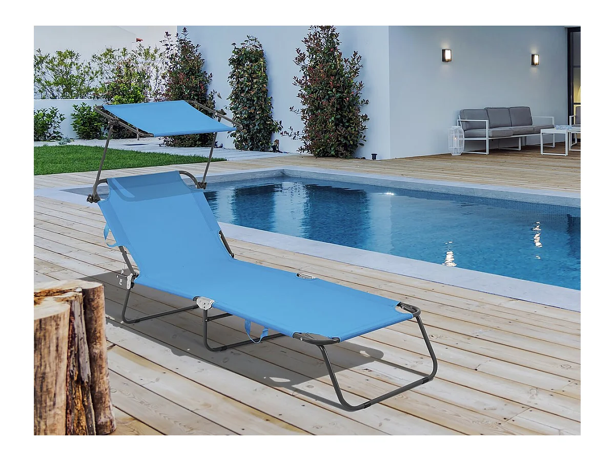 Leżak rozkładany "Lazy" z parasolem - niebieski, wygodny i elegancki do relaksu na zewnątrz
