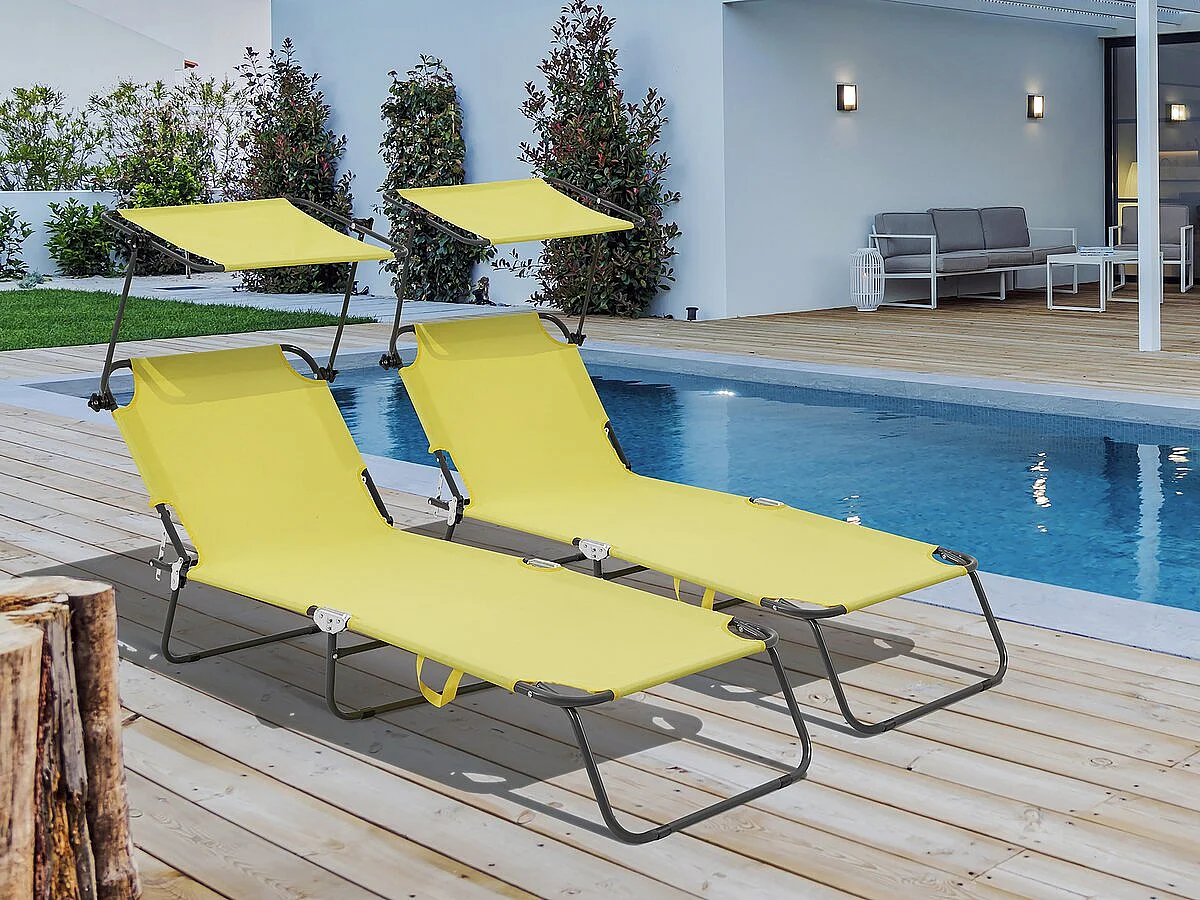 Pack de 2 tumbonas plegables "Lazy" - Con parasol - Amarillo