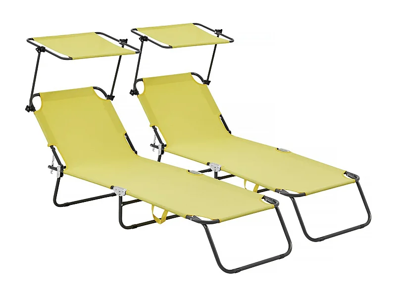 Ligbed set 2 ligstoelen inklapbaar "Lazy" - Met zonnescherm luifel - Geel