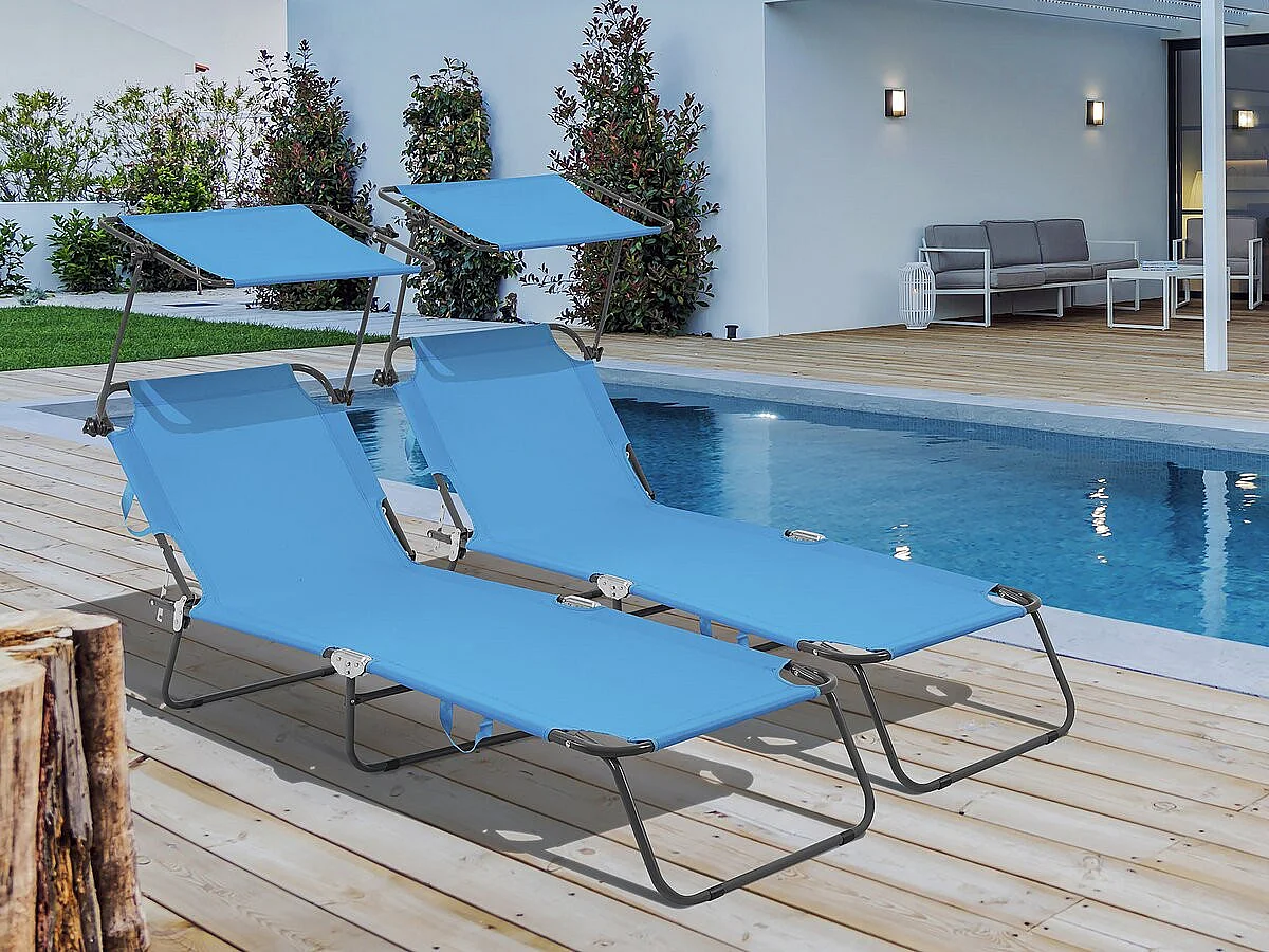 Lot de 2 bains de soleil pliable "Lazy" - Avec pare soleil - Bleu