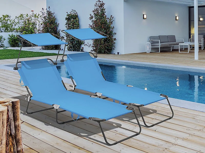 Lot de 2 bains de soleil pliable "Lazy" - Avec pare soleil - Bleu