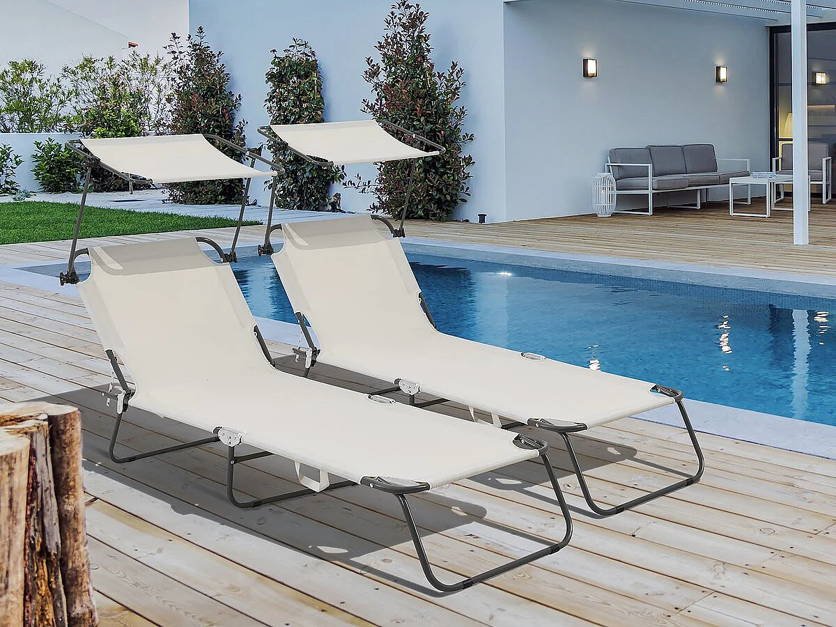 Lot de 2 bain de soleil pliable "Lazy" - Avec pare soleil - Beige