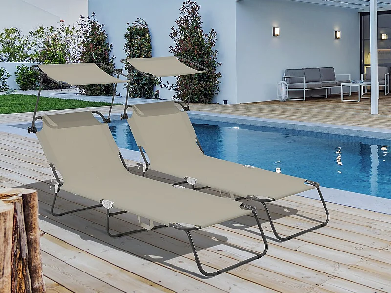 Lot de 2 bains de soleil pliable "Lazy" - Avec pare soleil - Taupe