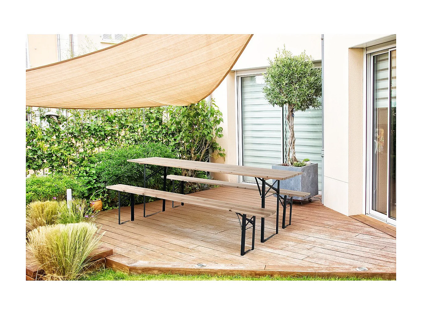 Table de jardin brasserie pliante avec 2 bancs " Lisbonne " - 218 x 59,5 x 75 cm -  Marron