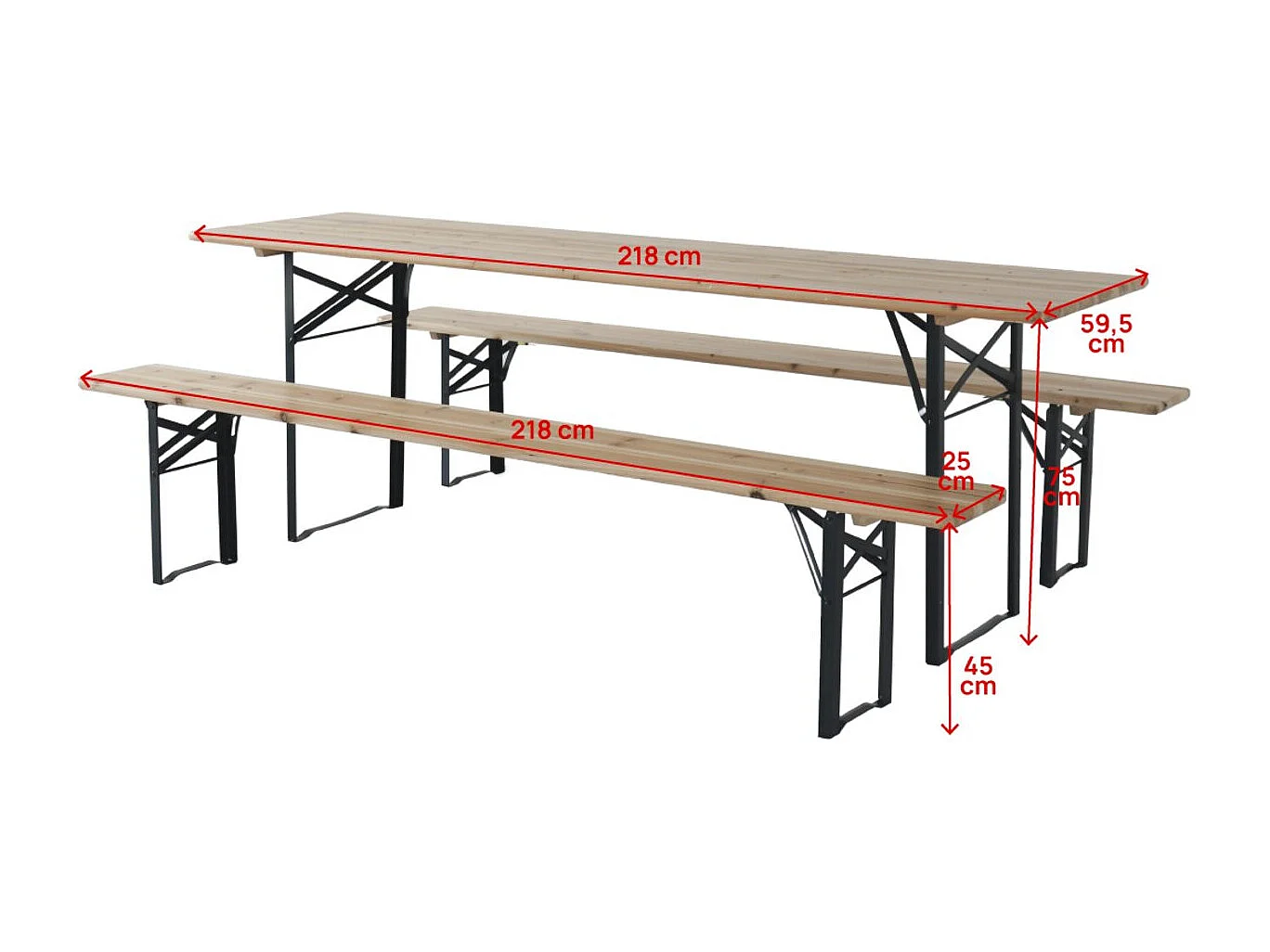 Table de jardin brasserie pliante avec 2 bancs " Lisbonne " - 218 x 59,5 x 75 cm -  Marron
