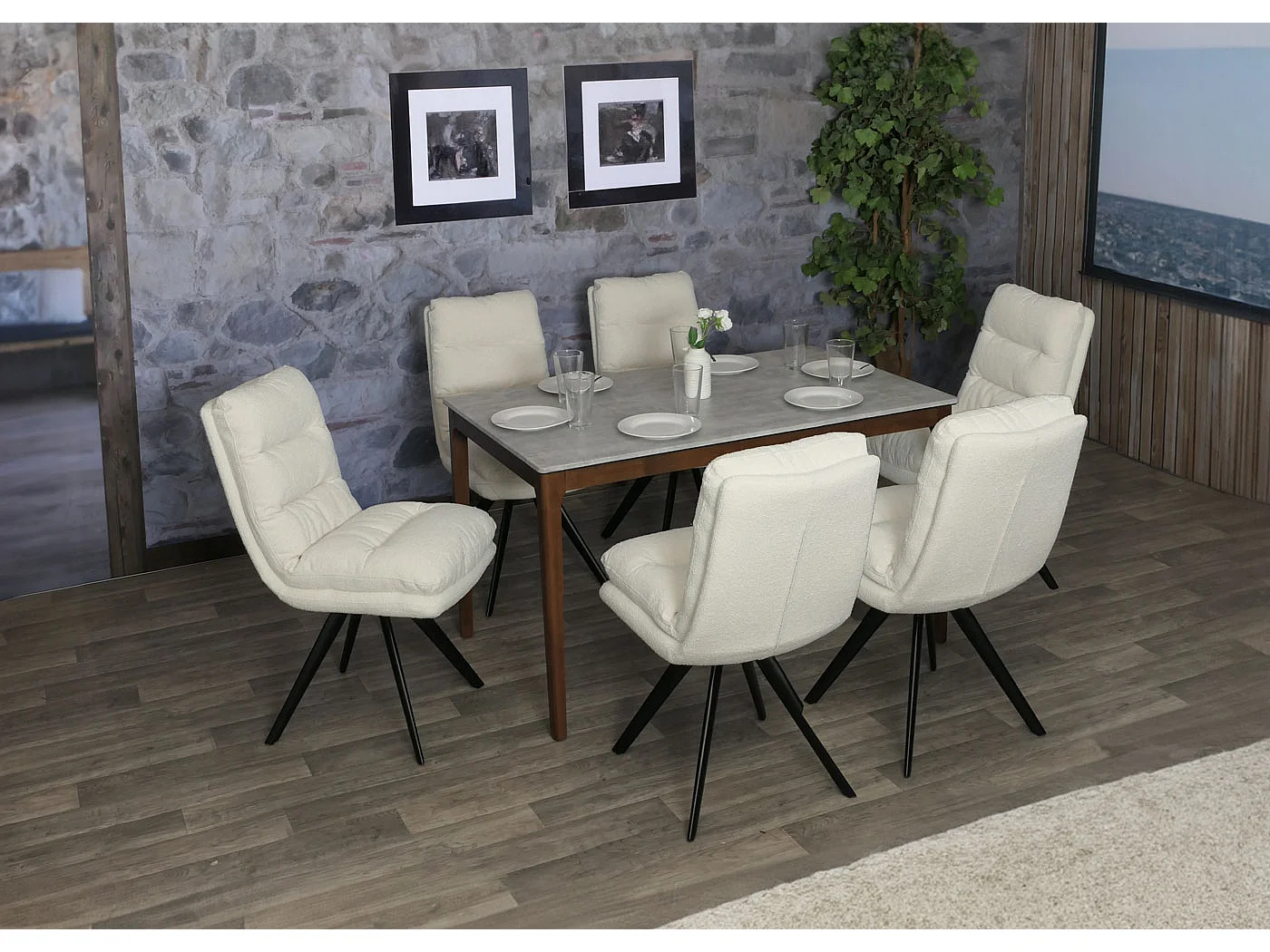 Chaise de salle à manger MCW-G66 Bouclé,  blanc crème