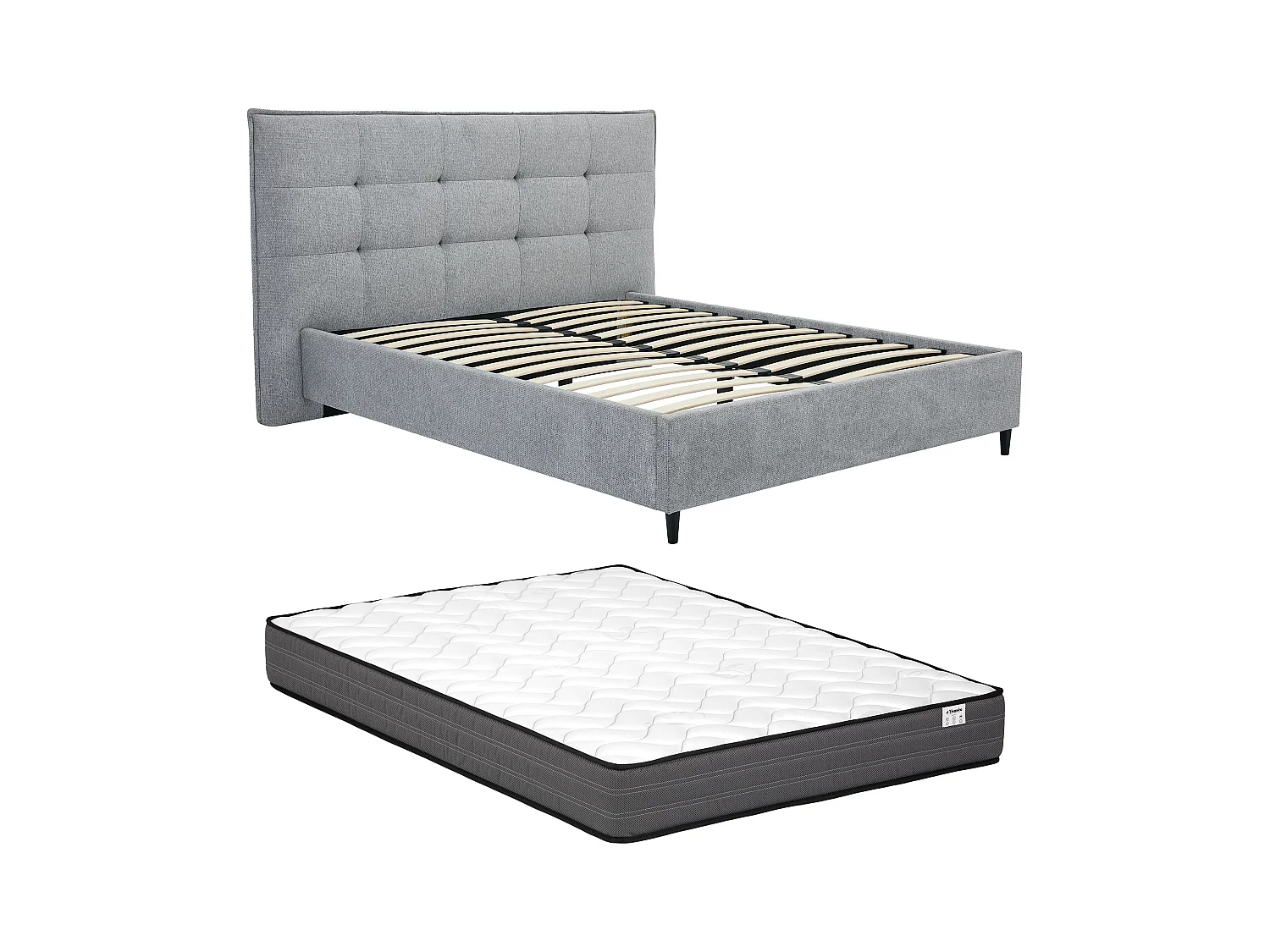 Lit 140 x 190 cm avec tête de lit capitonnée - Tissu - Gris + Matelas - NIRPIO