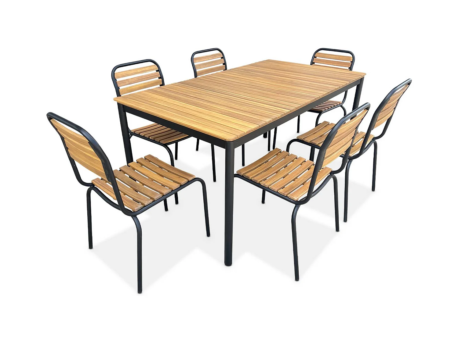 Table de jardin bois d'acacia et acier + 6 assises TABARA. acier et bois d'acacia FSP