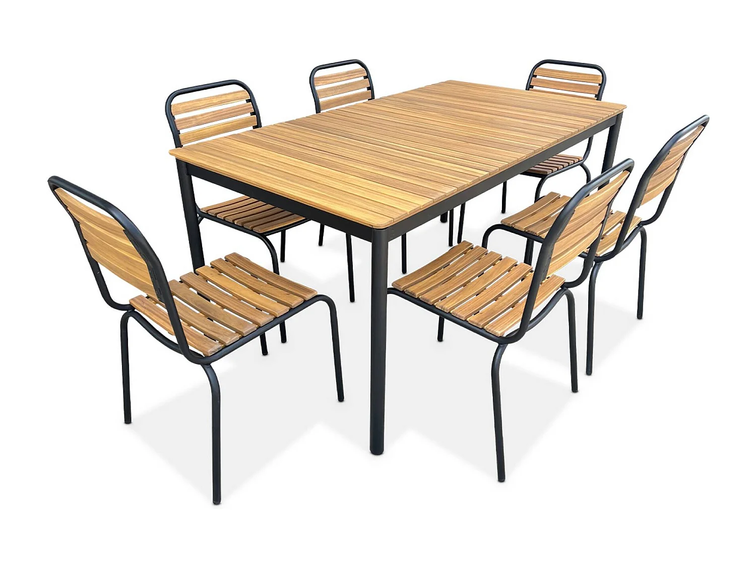 Table de jardin bois d'acacia et acier + 6 assises TABARA. acier et bois d'acacia FSP