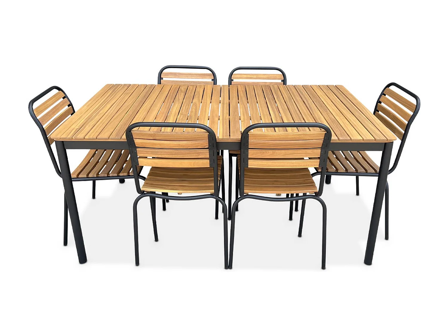 Table de jardin bois d'acacia et acier + 6 assises TABARA. acier et bois d'acacia FSP