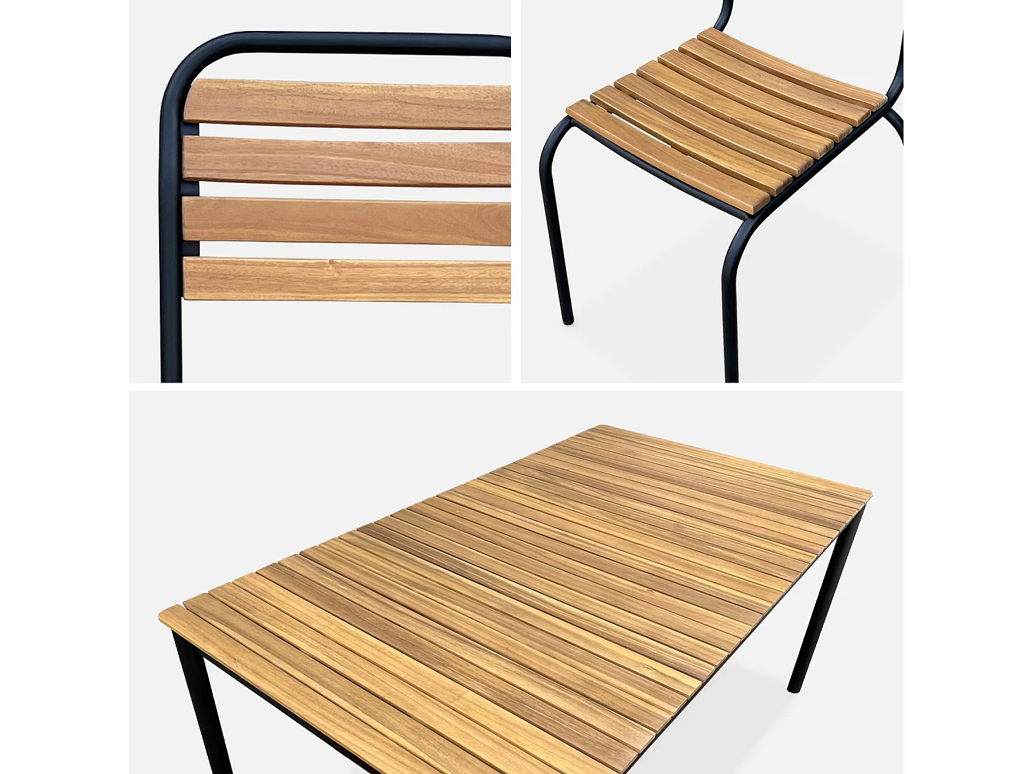 Table de jardin bois d'acacia et acier + 6 assises TABARA. acier et bois d'acacia FSP