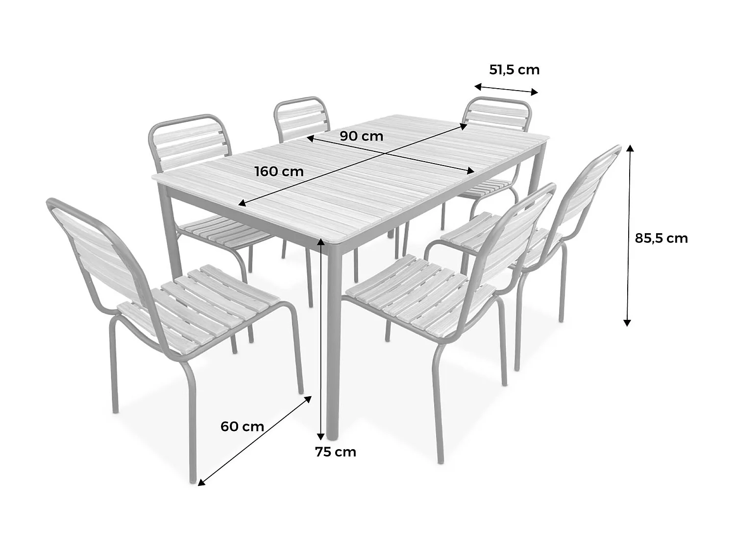 Table de jardin bois d'acacia et acier + 6 assises TABARA. acier et bois d'acacia FSP