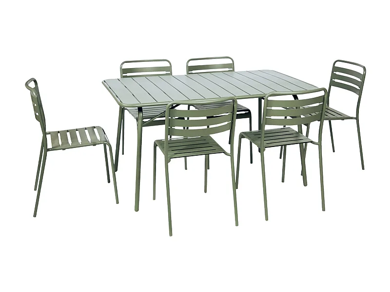 Table de jardin pliante métal + 6 assises. Amelia. vert. 141.2 x 80 x 72.5cm