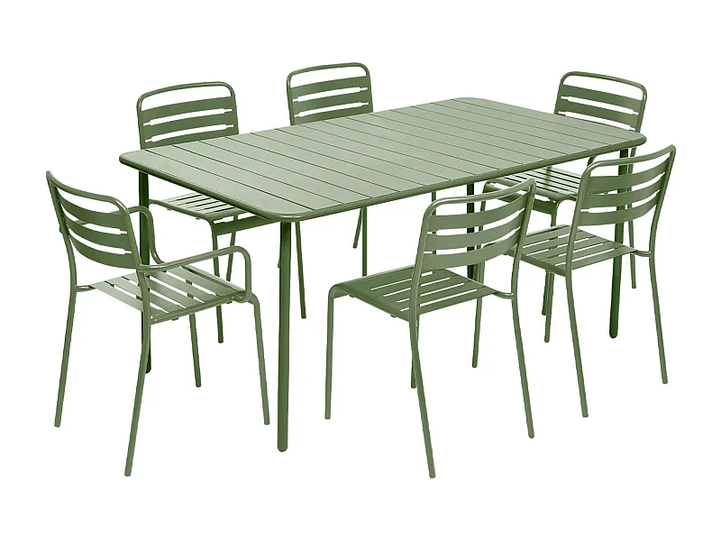 Table de jardin métal + 6 assises vert. acier traitement anti rouille