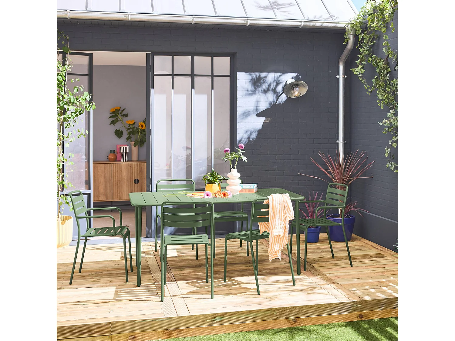 Table de jardin métal + 6 assises vert. acier traitement anti rouille