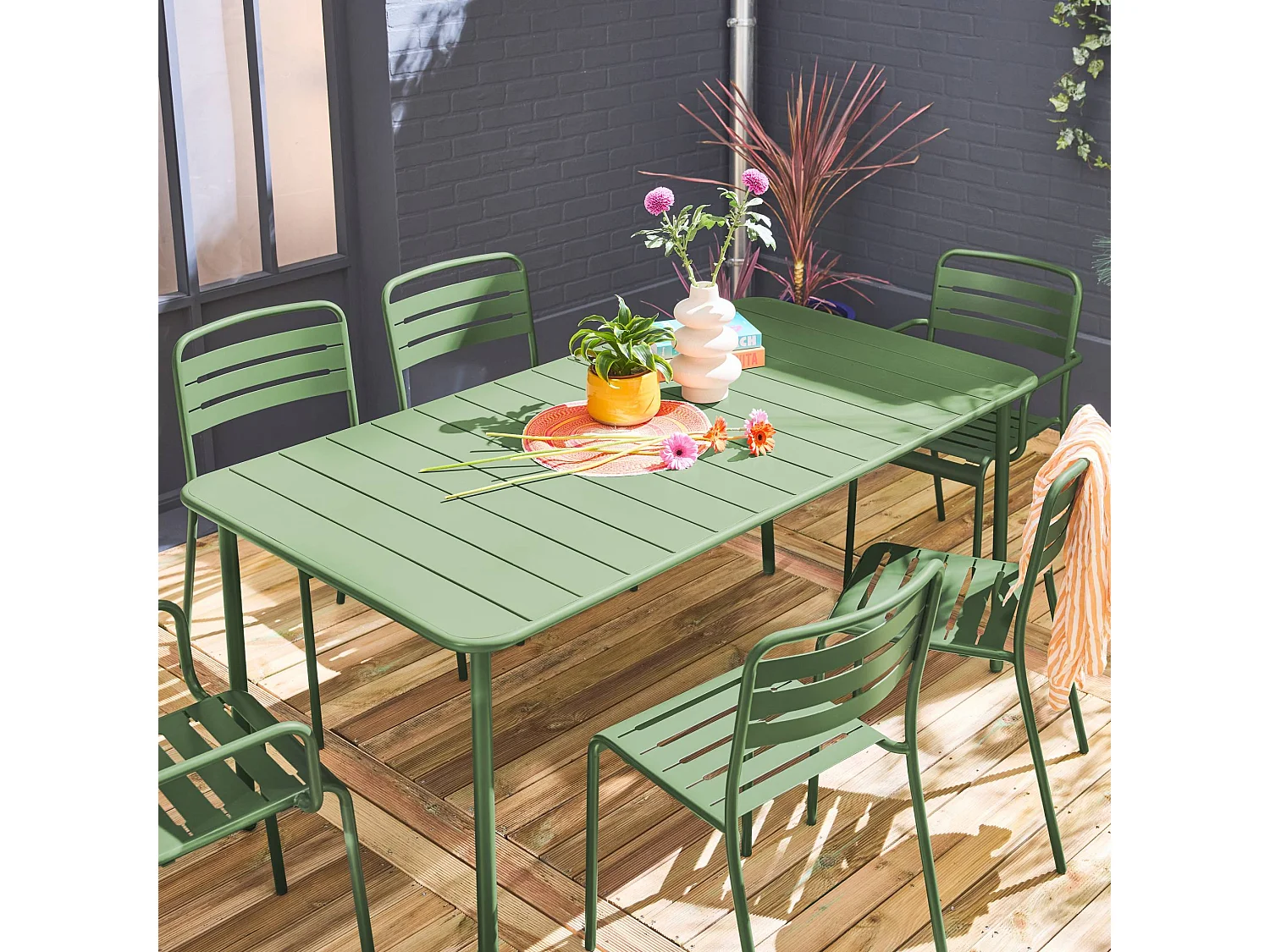 Table de jardin métal + 6 assises vert. acier traitement anti rouille