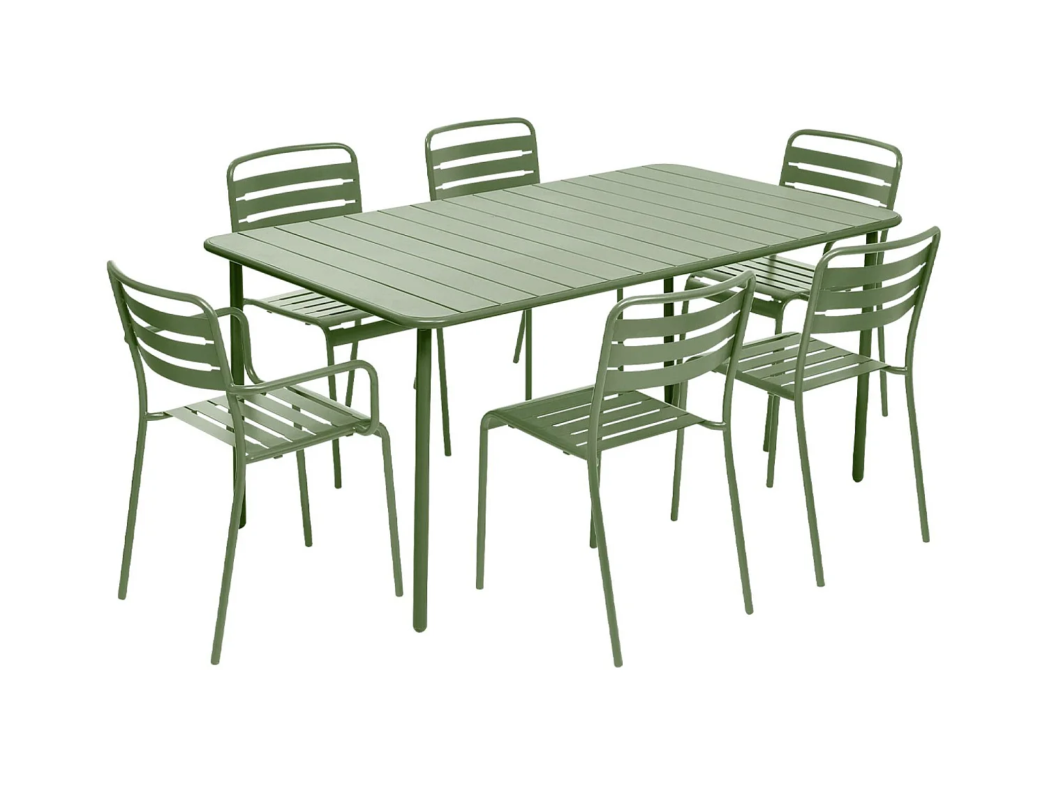 Tavolo da giardino in metallo, 2 poltrone e 4 sedie, verde